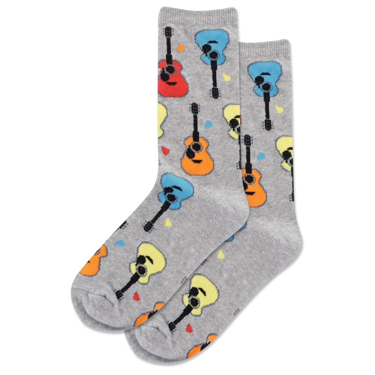 Gray socks with colorful guitar pattern on a white background