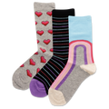 Three pairs of colorful socks with heart, striped and rainbow patterns on a white background