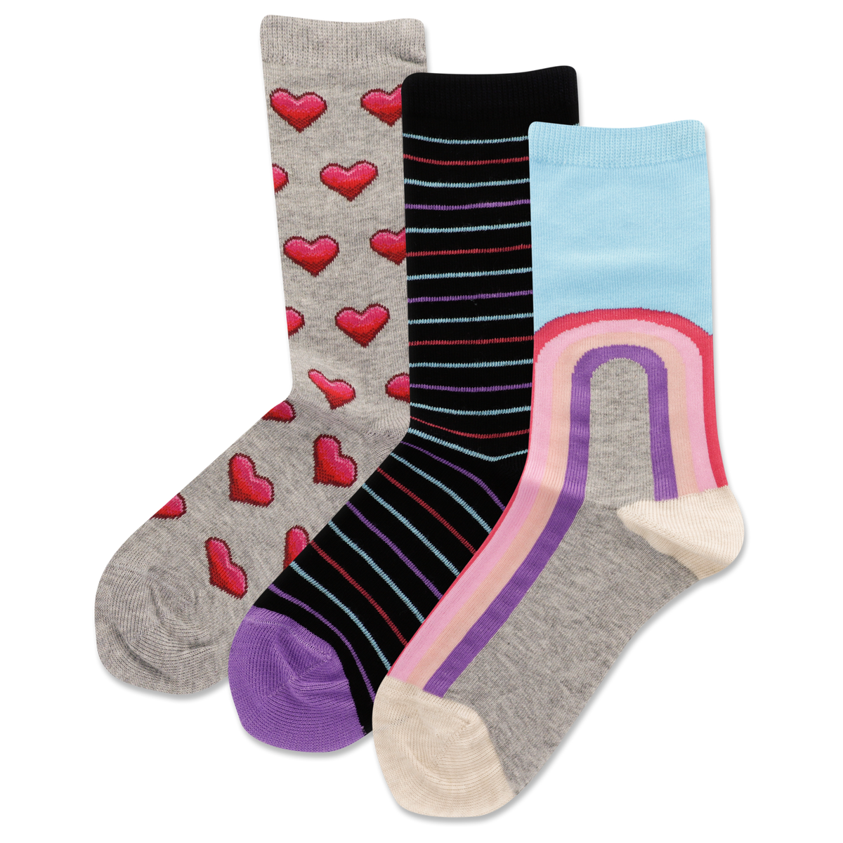 Three pairs of colorful socks with heart, striped and rainbow patterns on a white background