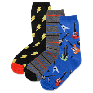 Three pairs of socks with different patterns on a white background