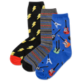 Three pairs of socks with different patterns on a white background