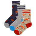 Three pairs of socks with fox patterns on a white background