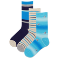 Three pairs of socks with different designs on a white background