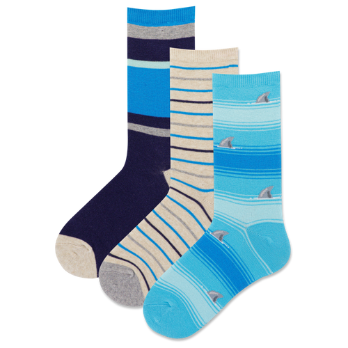 Three pairs of socks with different designs on a white background