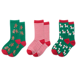 Three pairs of socks with different  Christmas patterns on a white background