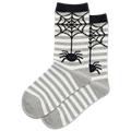 Gray and white striped socks with spider web and spider design on a white background