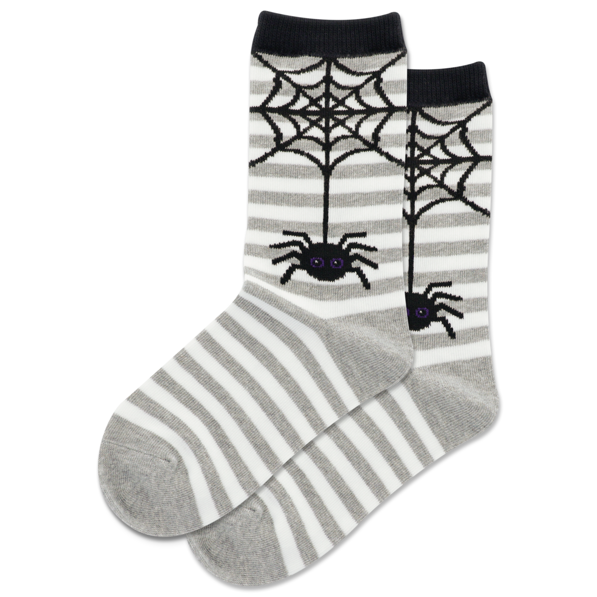 Gray and white striped socks with spider web and spider design on a white background