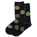 Black socks with reindeer and donut patterns on a white background