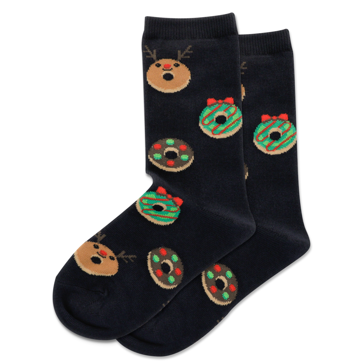 Black socks with reindeer and donut patterns on a white background