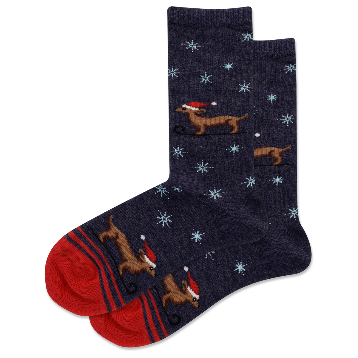 Navy blue socks with dachshund dogs and snowflakes on a white background
