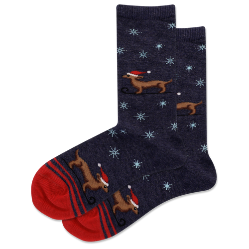 Navy blue socks with dachshund dogs and snowflakes on a white background