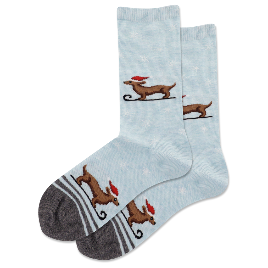Light blue socks with dachshund dog illustrations on a white background