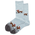 Light blue socks with dachshund dog illustrations on a white background