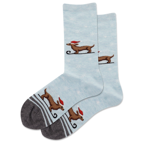 Light blue socks with dachshund dog illustrations on a white background