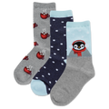 Set of three socks with different designs on a white background