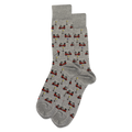 Gray socks with golf cart and club pattern on a white background