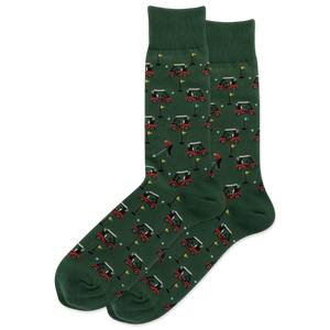 Green socks with golf cart pattern on a white background