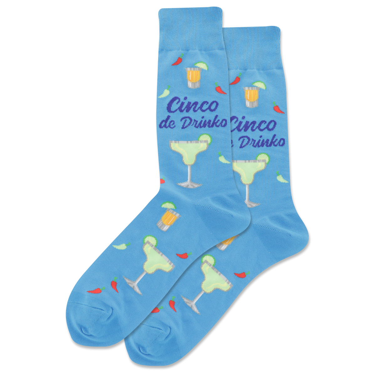 Blue socks with cocktail-themed design and 'Cinco de Drinko' text on a white background