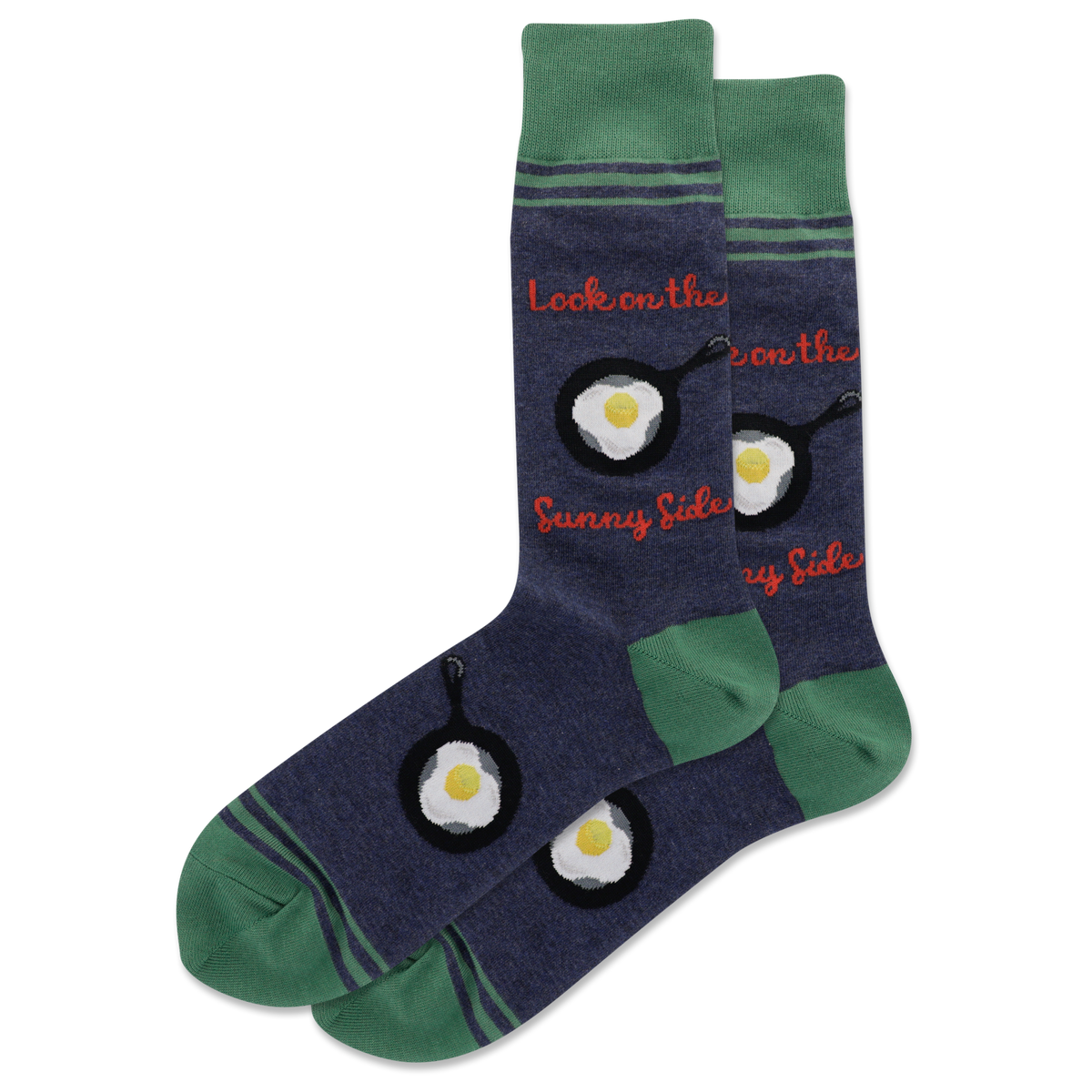 Socks with fried egg design and text on a white background