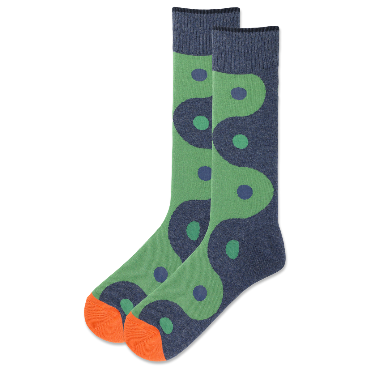 Pair of socks with green and blue pattern on a white background