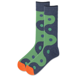 Pair of socks with green and blue pattern on a white background