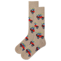 Beige socks with red and blue beach buggy pattern on a white background