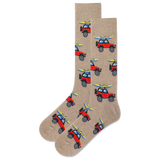 Beige socks with red and blue beach buggy pattern on a white background