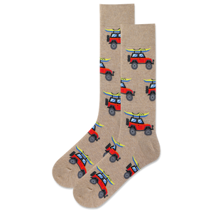 Beige socks with red and blue beach buggy pattern on a white background