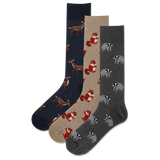 Three pairs of socks with animal patterns on a white background