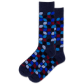 Pair of dark blue socks with colorful geometric pattern on a white background