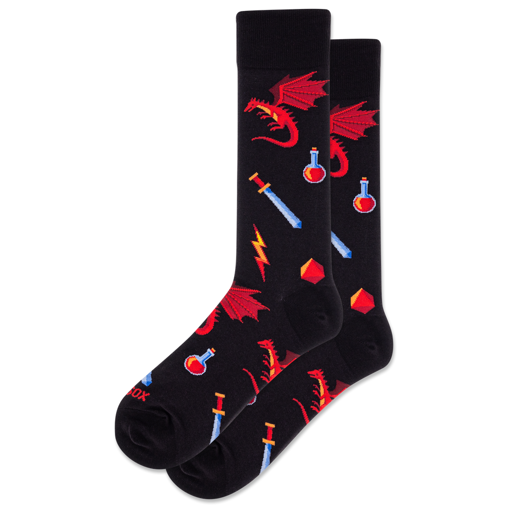 Black socks with red dragon and fantasy-themed designs on a white background