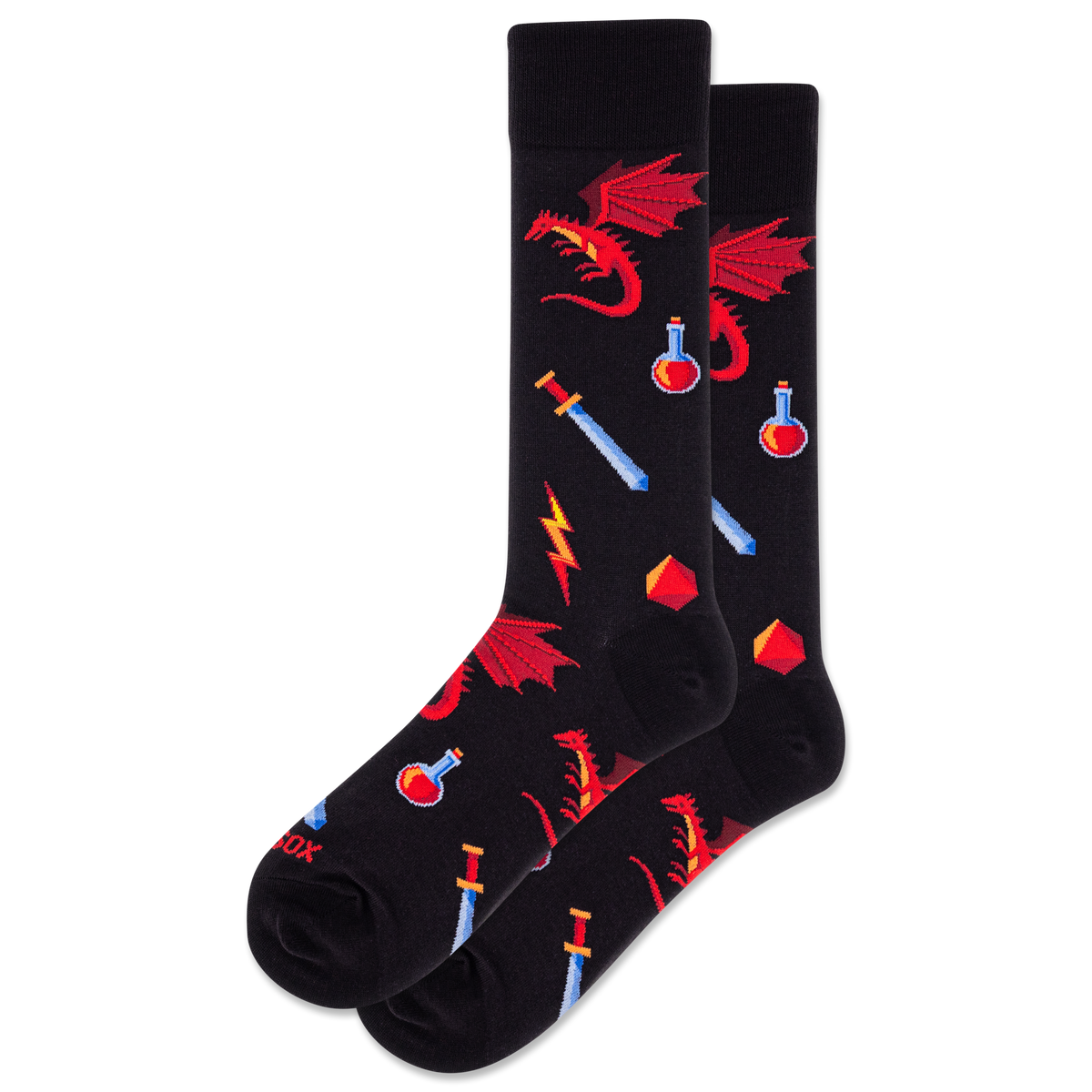 Black socks with red dragon and fantasy-themed designs on a white background