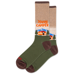 Socks with 'Happy Camper' design featuring a camper van and trees on a white background.