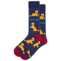 Navy socks with yellow dog illustrations and red toes on a white background