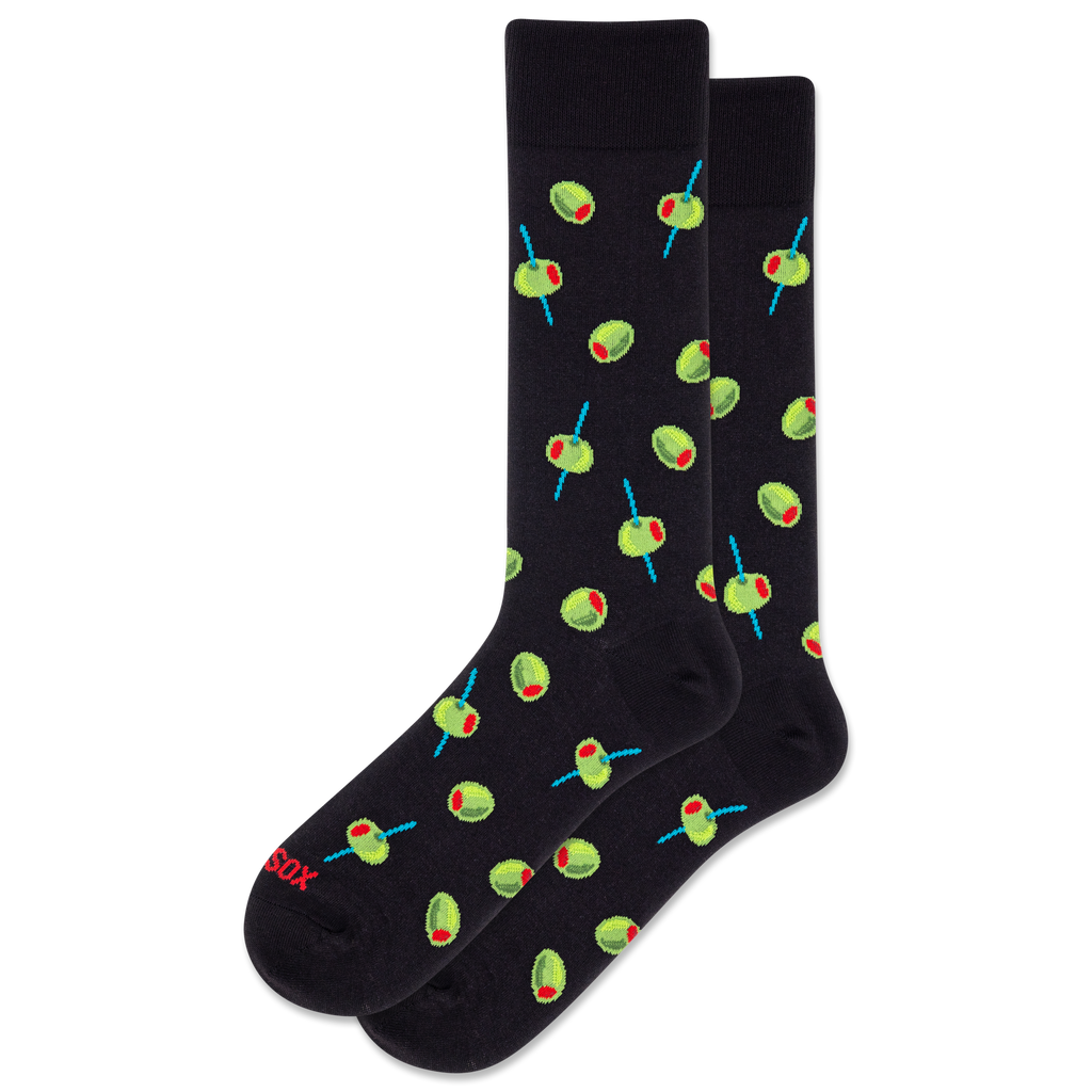 Black socks with green olive pattern on a white background