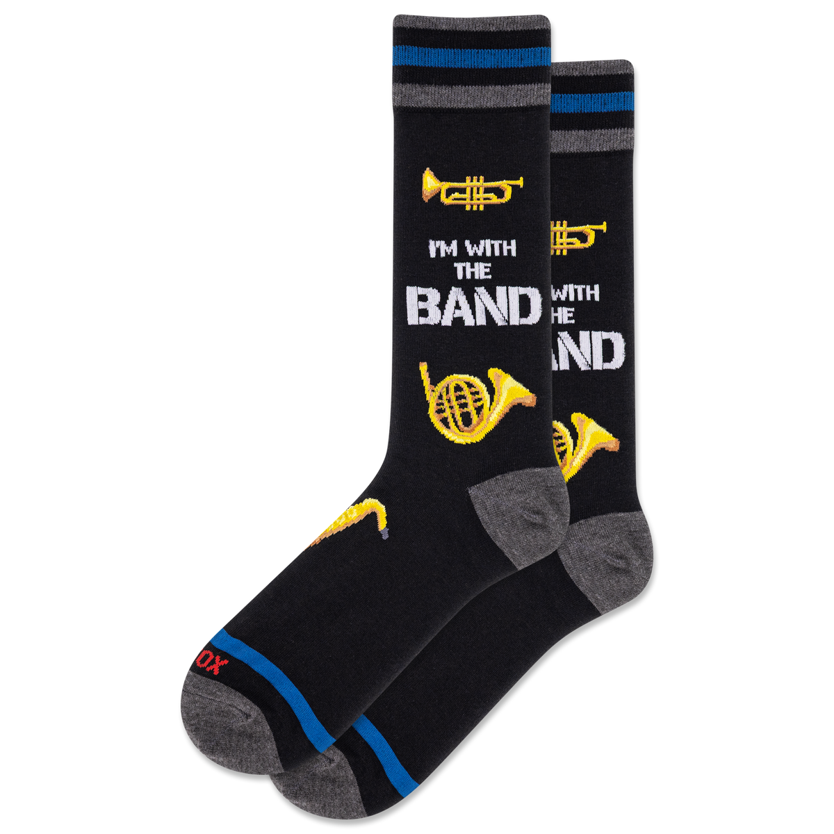 Black socks with musical instrument designs and text on a white background