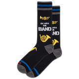 Black socks with musical instrument designs and text on a white background
