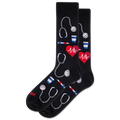 Black socks with medical-themed designs on a white background
