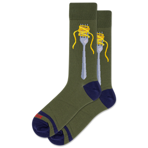 Green socks with a design of a fork and noodles on a white background