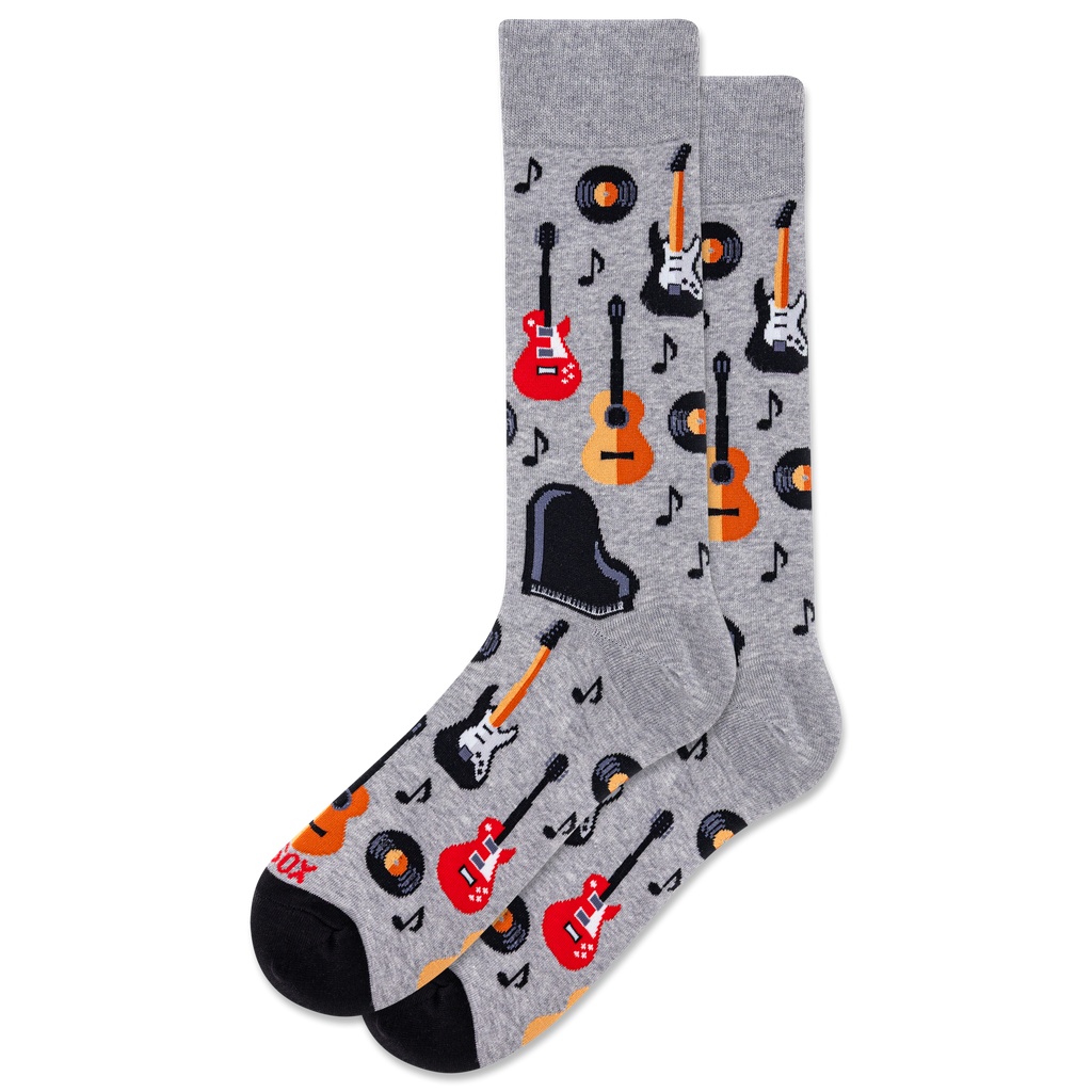 Gray socks with musical instrument pattern on a white background