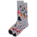 Gray socks with musical instrument pattern on a white background