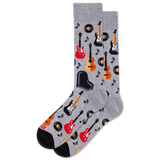 Gray socks with musical instrument pattern on a white background