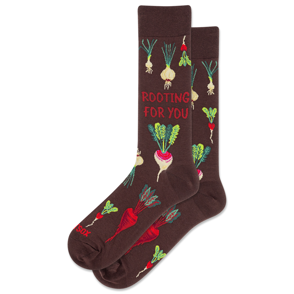 Brown socks with vegetable patterns and 'Rooting For You' text on a white background