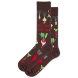 Brown socks with vegetable patterns and 'Rooting For You' text on a white background thumbnail