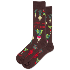 Brown socks with vegetable patterns and 'Rooting For You' text on a white background