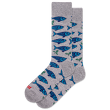 Gray sock with blue fish pattern on a white background