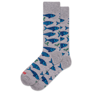 Gray sock with blue fish pattern on a white background