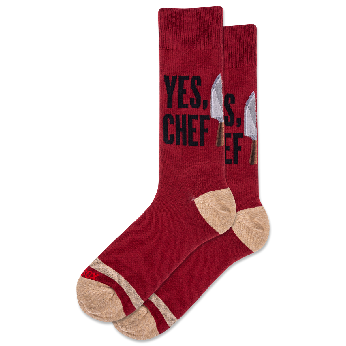 Red socks with 'YES, CHEF!' text and knife graphic on a white background
