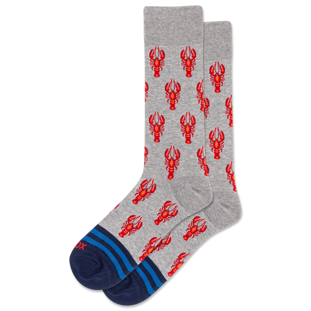 Gray socks with red lobster pattern on a white background