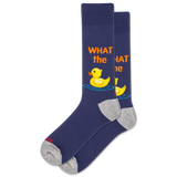 Navy blue socks with a yellow duck and text on a white background